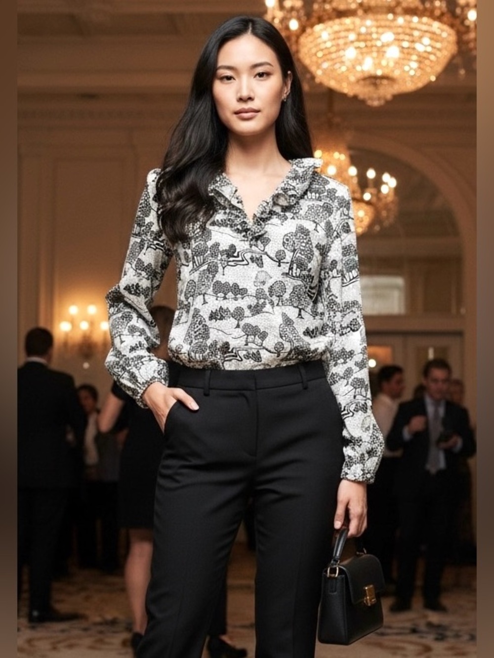 Elizabeth McKay Black & White Ruffle V-neck Blouse Artsy Trees Size 4